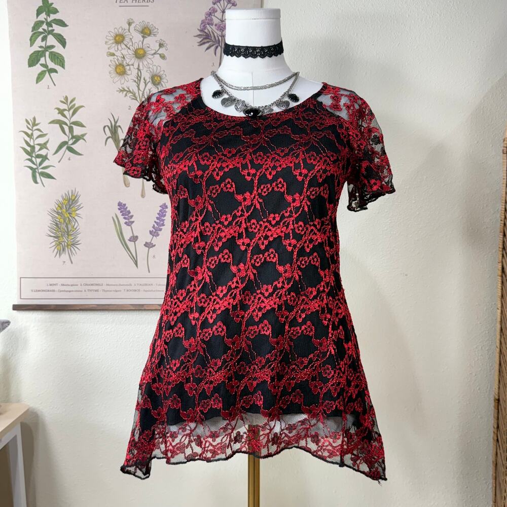 90s Y2k Asymmetric Embroidered Mesh Top Whimsigoth Dark Fairy Romantic Goth M